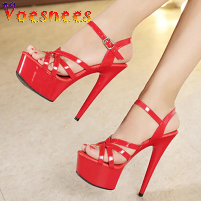 Fashion Sexy Open Toe 15 17 CM Black Red Color High Heels 2022 Summer Fashion Sandals Party Dress Wedding Nightclub Women Shoes