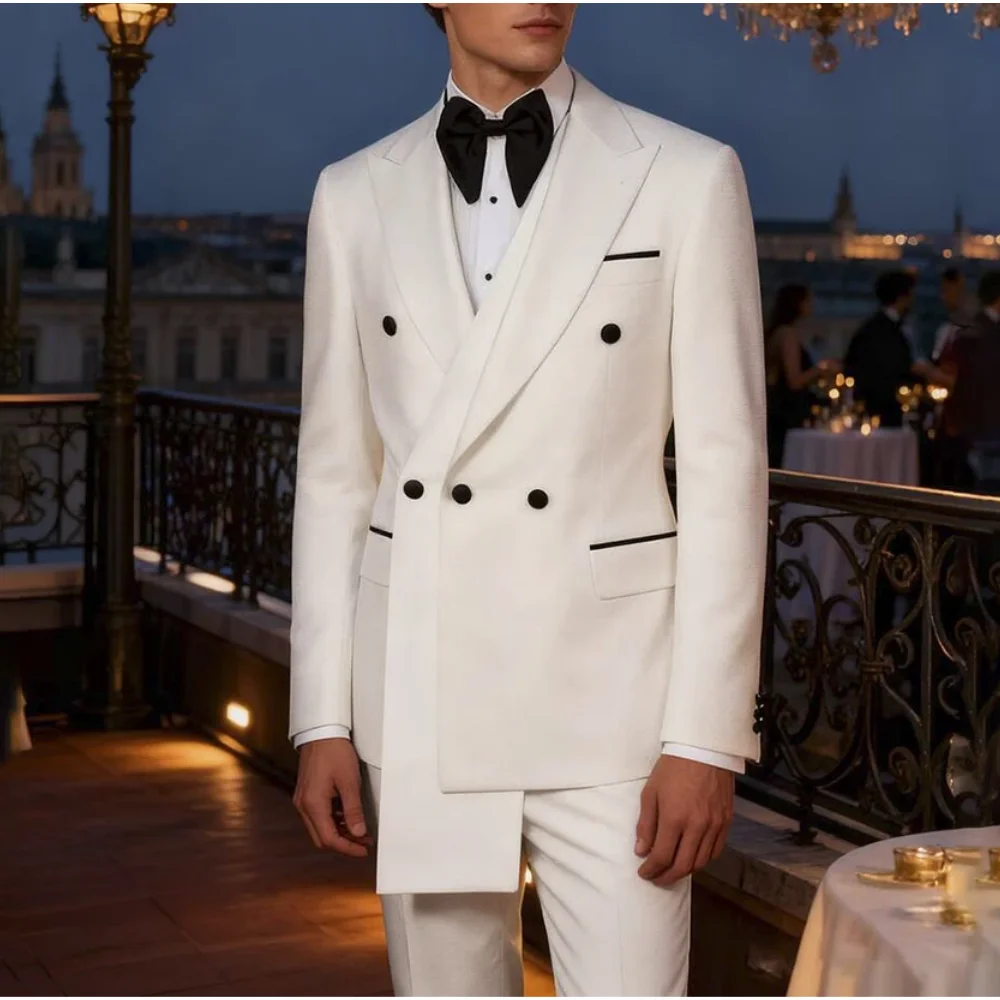 

Luxury White Men's Suits Slim 2 Piece Jacket Pants Full Sets Double Breasted Peak Lapel Groom Prom Dress Custom Costume Hommes