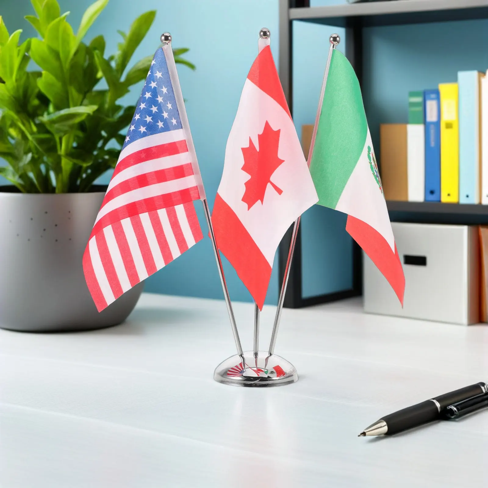 1Set Desk Flags Miniature Usa Canada Mexico Table Flag Stand Metal Base Office Desktop Decoration Trade Show Supplies