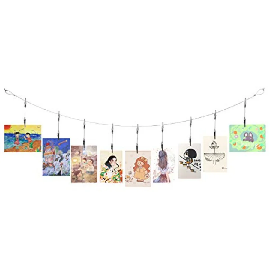 Metal Wall Hanging Photo Display, Steel Wall Hanging Display Cable Wire Rod with 12PCS Alligator Clips, Picture Holders for Pos