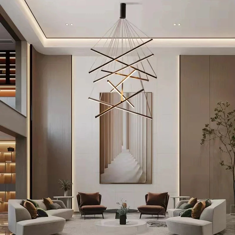 Modern Villa LED Chandelier Duplex Apartment Living Room Simple Hall Main Light Dining Room Staircase Long Hollow Pendant Lamp