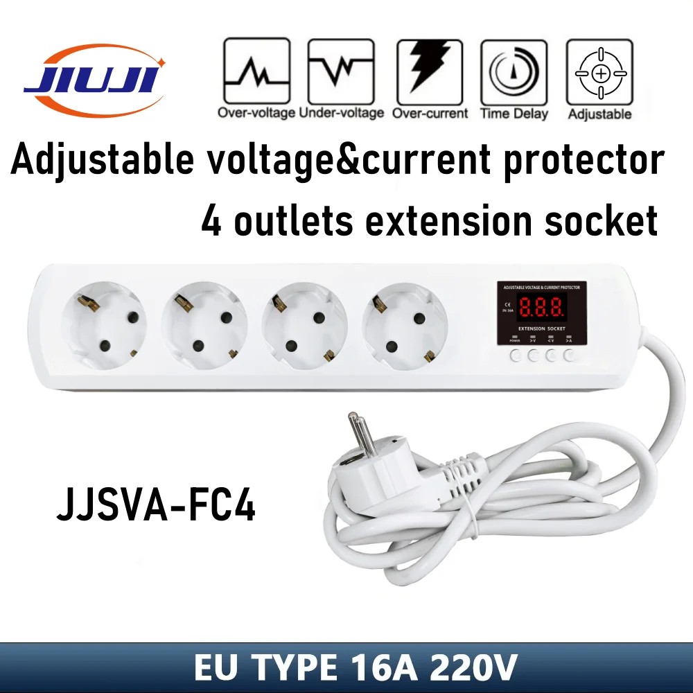 2025 new VA protector power strip Adjustable voltage and current protective extension socket 4 outlets EU socket AC power cord