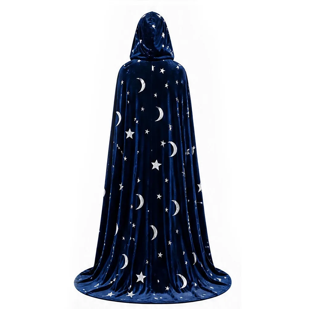 Tie Up Closure Velvet Hooded Cloak Soft Fabric Flowy Drape Star Moon Cape Foil Printed Wrinkle Resistant Costume Robe Photoshoot
