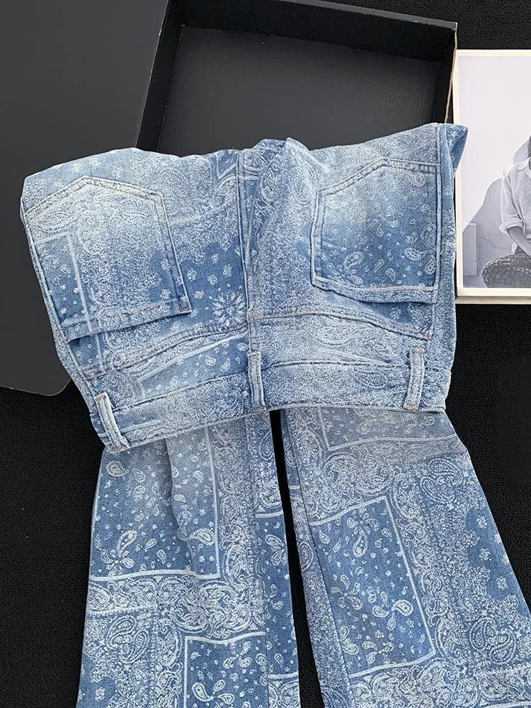 خمر المرأة تنوعا عالية الخصر الأزرق المطبوعة واسعة الساق الدنيم السراويل مكتب السيدات عادية شارع العليا فضفاضة تناسب مستقيم الجينز