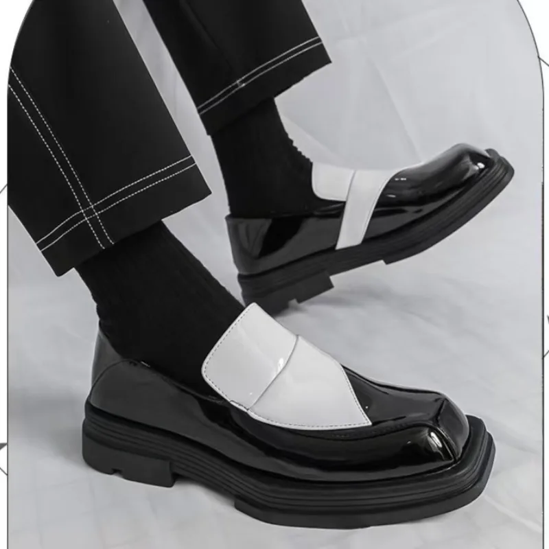 

Square Head Luxury Loafers Men's Black and White Color Leather Shoes Slip-on Fashion Soft-soled Casual Shoes Wedding Moccasin