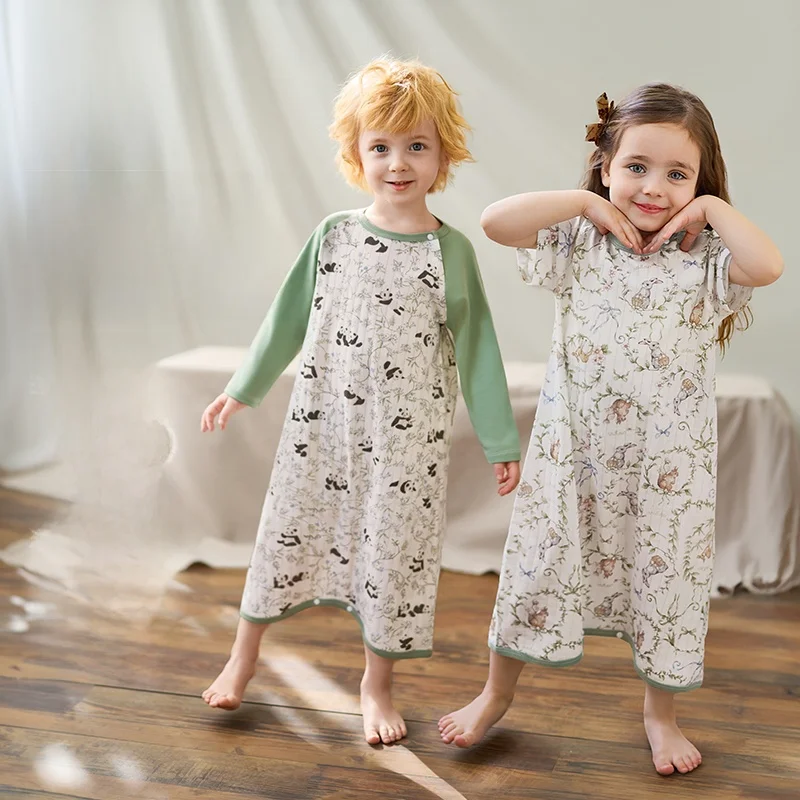 OUYUN Kids 100% Cotton Nightgown Summer Soft Long Sleeve Sleep Dress Girls Loungewear