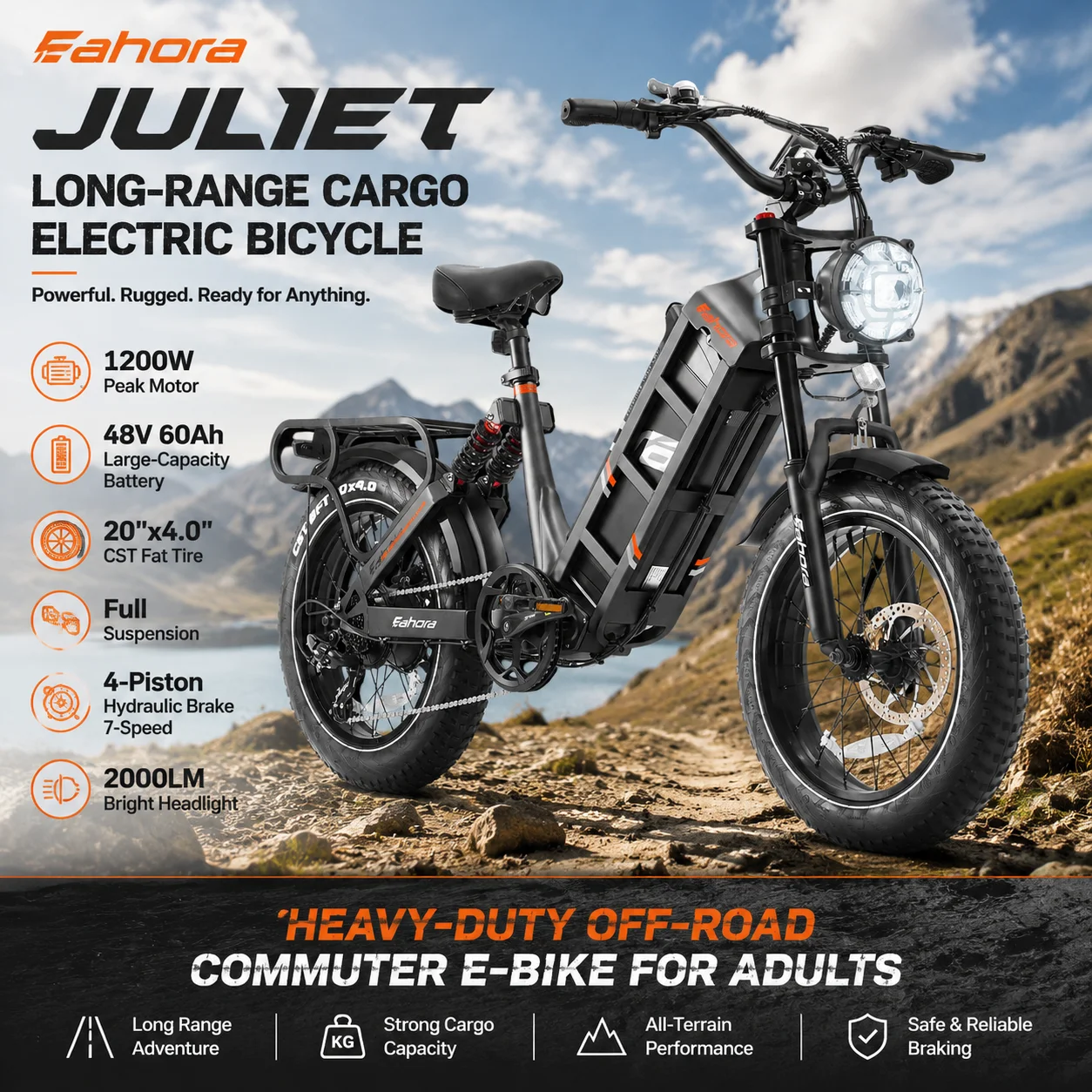 EAHORA Juliet Langstrecken-Lasten-Elektrofahrrad, 1200W Spitzenleistung Motor, 48V 60Ah Großkapazitätsbatterie, 20*4.0" CST Fat Tire, Vollfederung, 4-Kolben Hydraulikbremse 7-Gang, 2000LM Helle