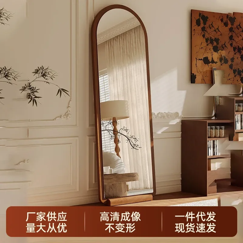For French Arched Full Length Mirror Floor Standing Movable Solid Wood Base Bedroom Fitting Dressing Mirror Home Decor