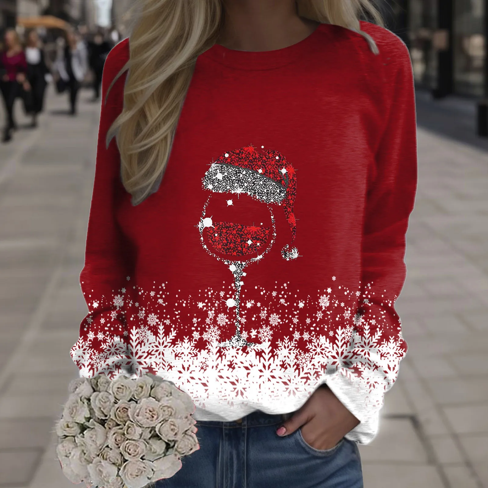 

2024 Christmas Sweaters For Women Xmas Wine Cup Long Sleeve Sweatshirt Female Cute Reindeer Graphic New Year Ladies Pullovers