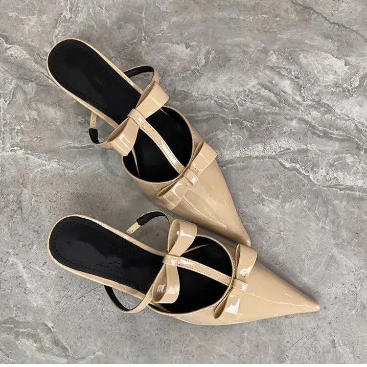 

2025 Summer Female New Designer Pointy French Sexy High Heels Fashion Female Bow Mueller Shoes Plus Size
