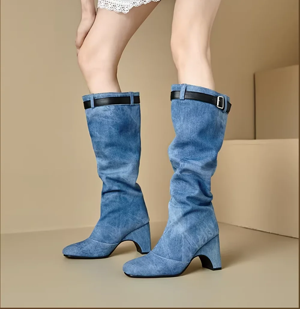 Indigo Tie-Dye Denim Round-Toe Knee-High Boots Black Leather Buckle Accent Wedge Heel Casual Relaxed Design Retro Street Boots