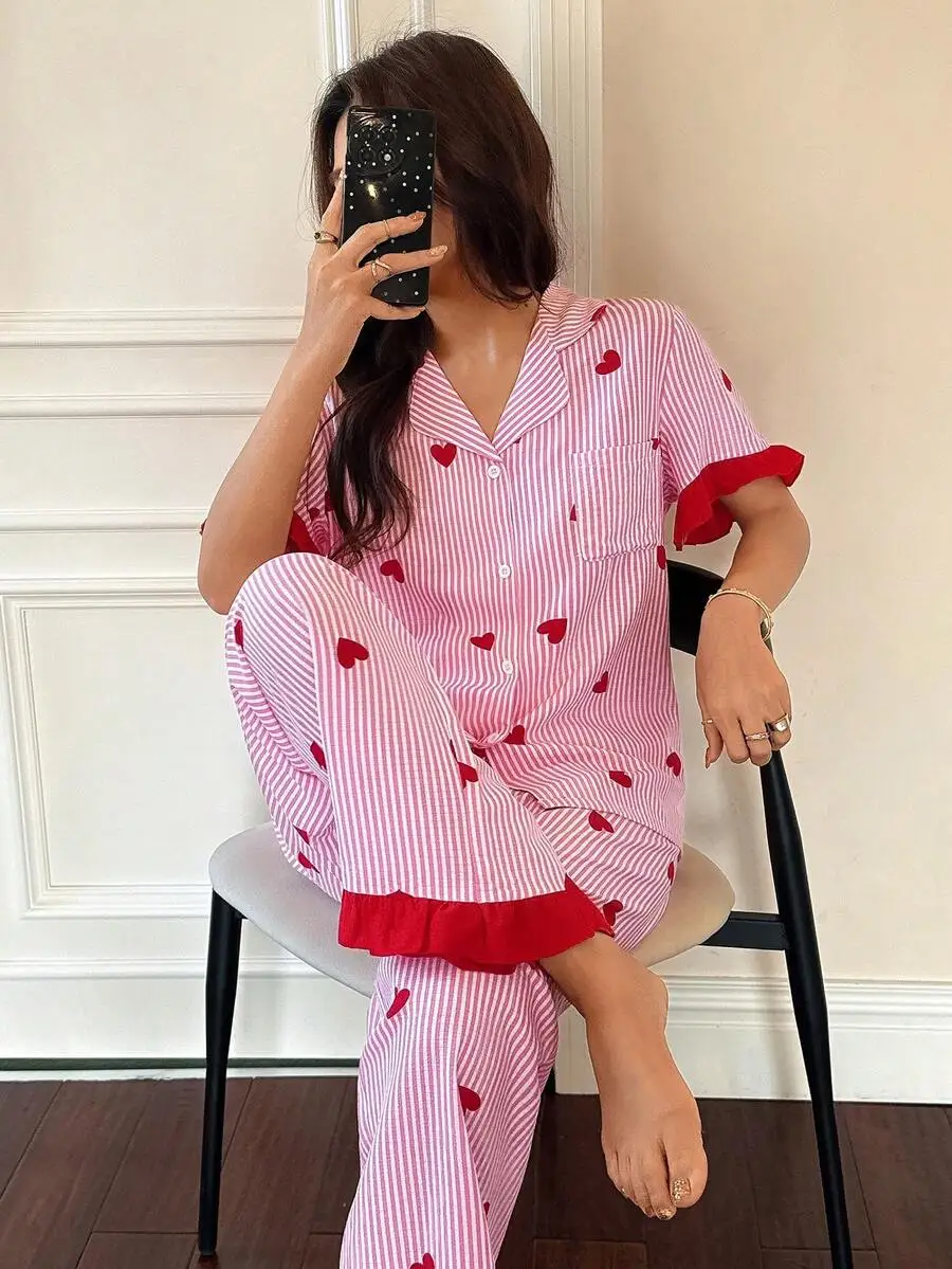 Striped Heart Print Ruffle Collar Women Pajama Set