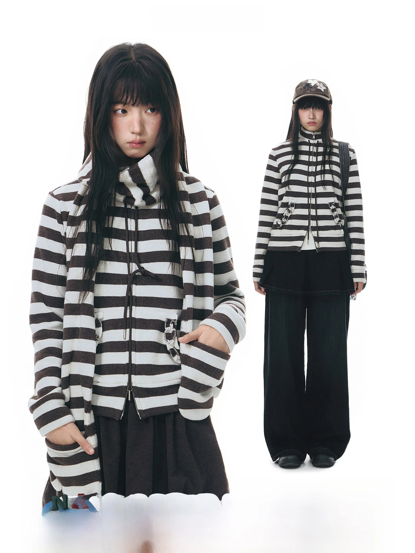 

TAKEANAP Оригинальный полосатый свитшот с воротником-стойкой и шарфом-перчатками, женский комплект из двух предметов, осень-зима, новинка