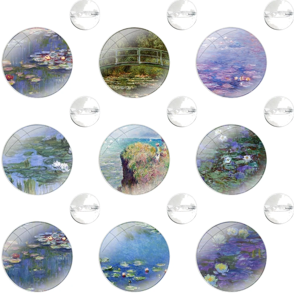 Glass Dome Brooches Shirt Lapel Bag Cute Badge Pins For Clothes Hat Accessories claude monet Garden Lotus Bridge