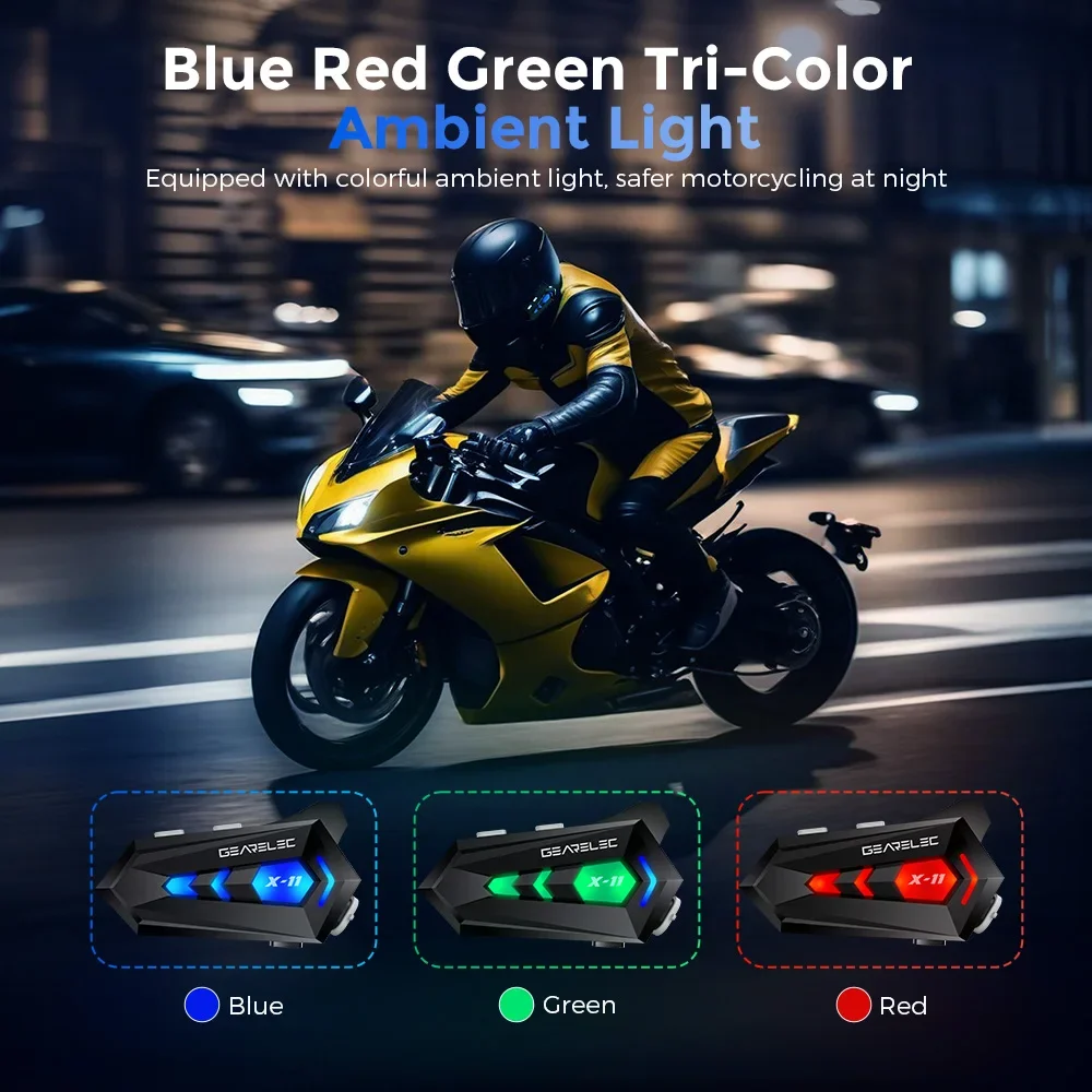 GEARELEC X-11 zestaw słuchawkowy do kasku motocyklowego Bluetooth 5.3 IPX7 wodoodporny głośnik 300m słuchawki z trójkolorowym światłem otoczenia