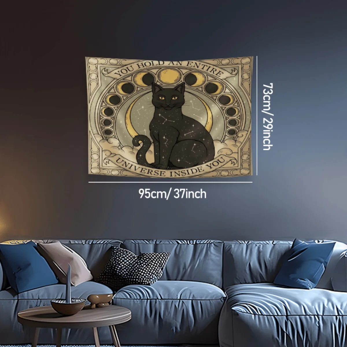 Boho Black Cat Tapestry Wall Hanging, Moon Phase Constellation Pattern, Mandala Star Map, Bohemian Aesthetic Decor
