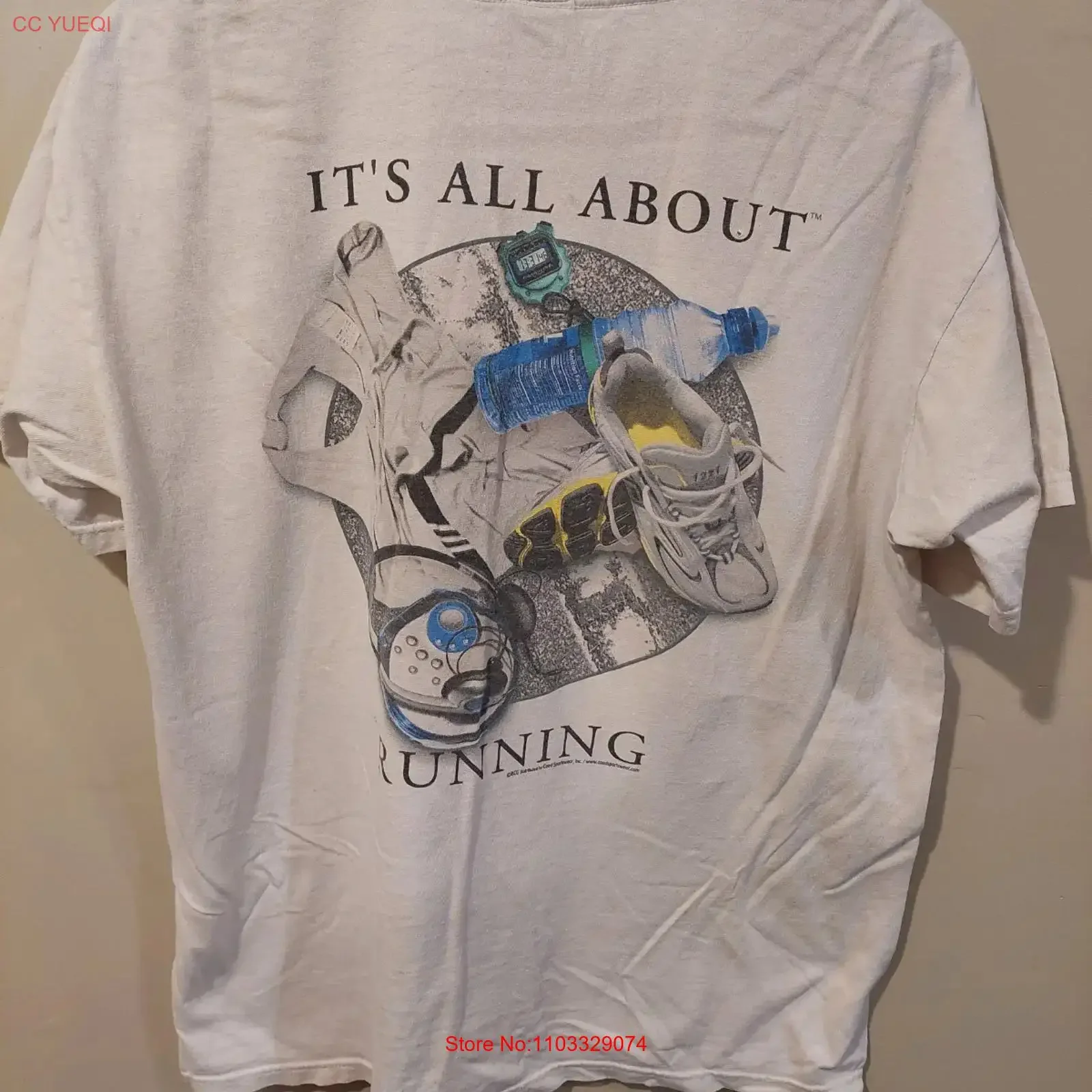 Camiseta Vintage de los 90s It's All About Running, Talla Grande, Color Azul Discman, Etiqueta Anvil, Estilo Vintage Lavado, Elástica, Unisex, Transpirable