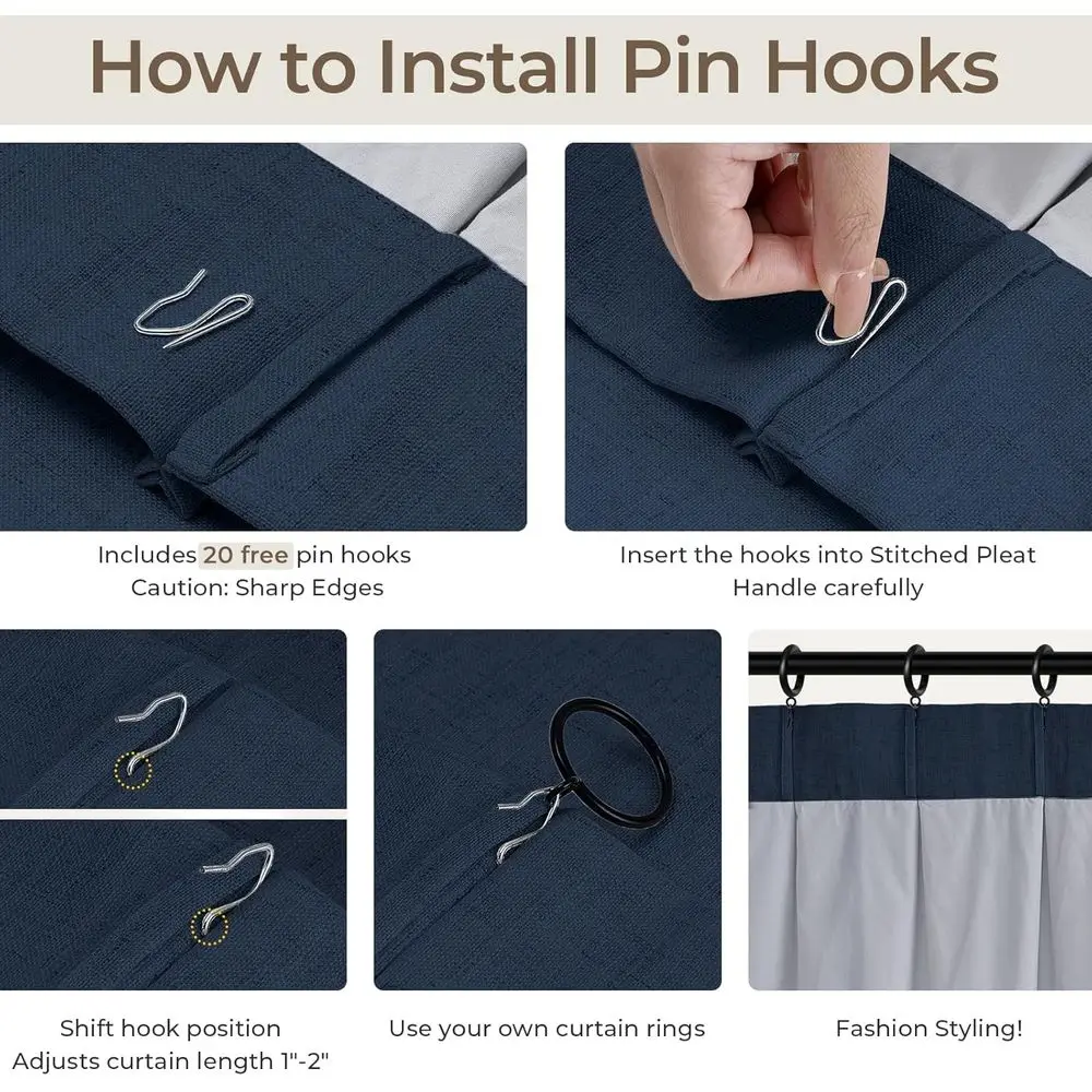 ネイビーブルー 40W x 90L リネン混紡遮光カーテン、フック20個付き、100%遮光、2枚セット、家庭用
