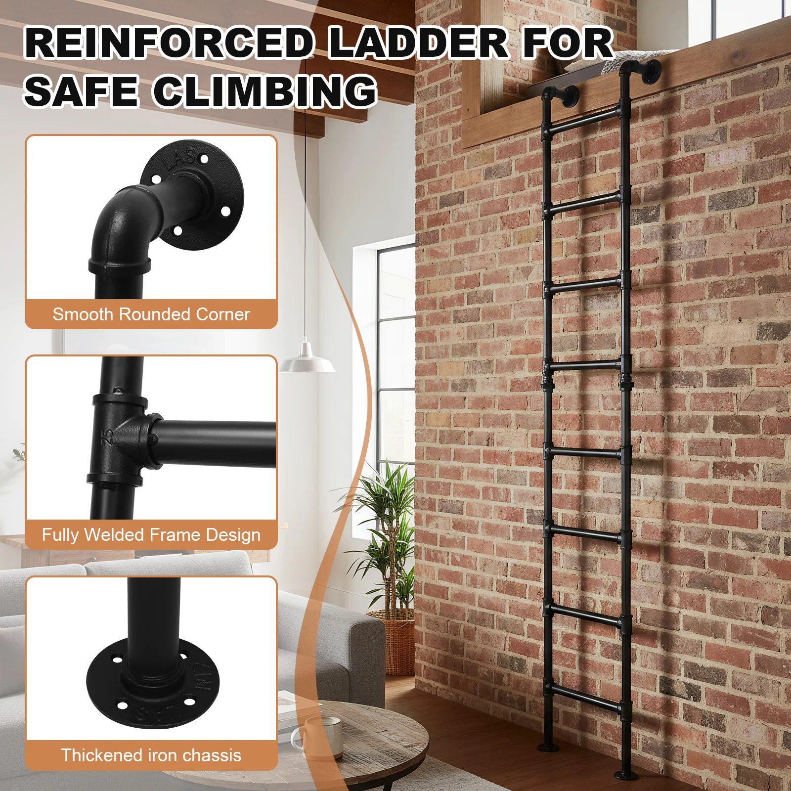 

Wall Mounted Ladder Multi-Purpose Heavy-Duty Metal Ladder Carbon Steel Ladder for Caravans Dormitory Double Beds