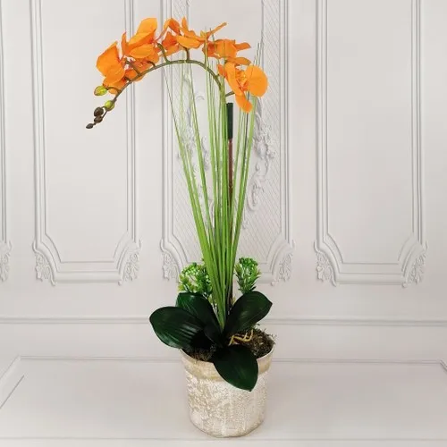 Nettenevime Artificial Flower Mustard Color Orchid Ceramic Pots Single Orchid 60CM