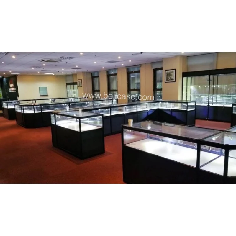 (Customized) factory customized glass display LED light glass display cabinet black aluminum jewellery display cabinet