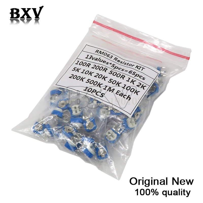 

65PCS/LOT RM063 Trimmer Potentiometer Adjustable Resistor Kit 500R 1K 5K 10K 20K 50K 100K 200K 500K 1M RM-063 Variable Resistors