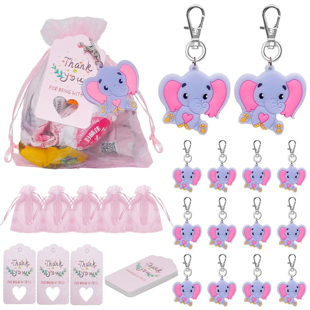 30 Sets Cartoon Elephant Keychains Baby Shower Gender Reveal Party Decorations with Thank You Labels and Yarn Bags Party Favors