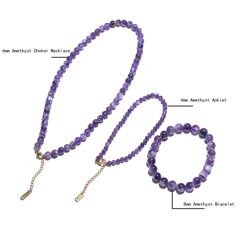 Natural Amethyst Beaded Choker Necklace Bracelet Anklet Set Women's Semi-Precious Jewelry with Stainless Steel Lobster Clasp