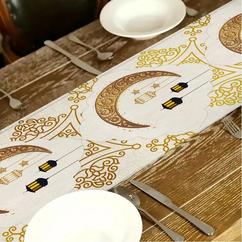 VIKAMA Ramadan Hot Stamping Star Moon Lantern Table Runner Muslim Eid al Fitr Table Decoration Tableside Cabinet Cover Cloth