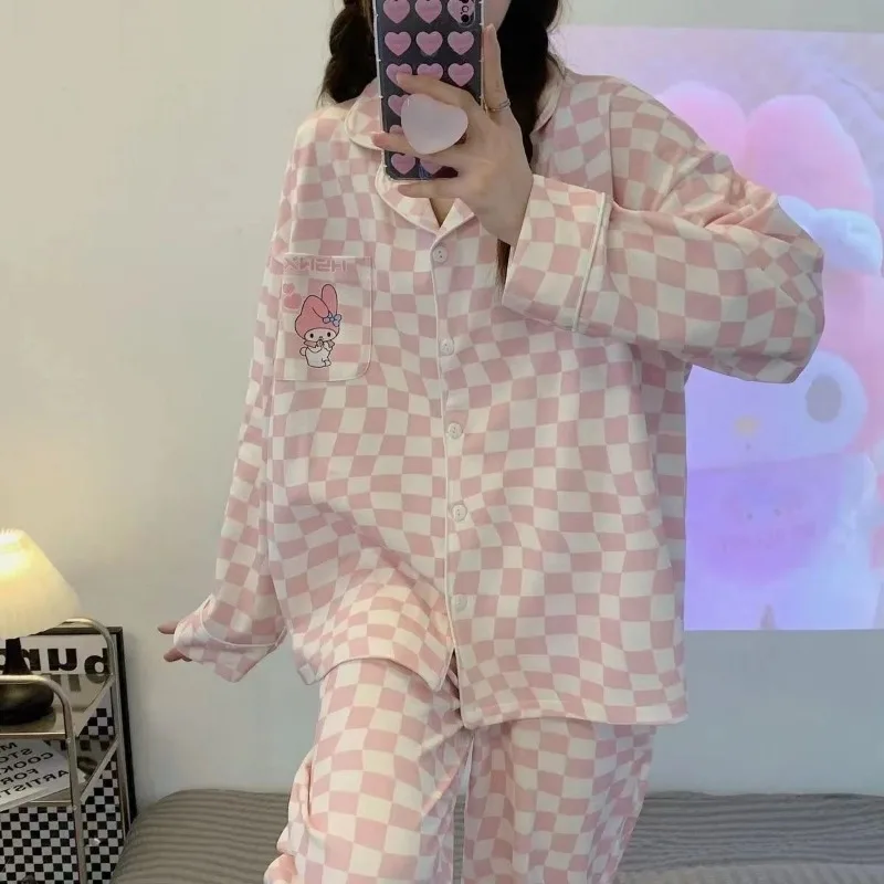 Модные весенне-осенние пижамы для девочек Ins Стиль аниме мультфильм милая моя мелодия шахматная доска с длинными рукавами длинные штаны комплект домашней одежды
