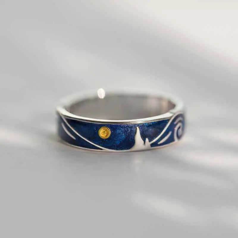 2Pcs S925 Silver Plated Gogh Blue Starry Sky Open Lover Rings Band Love Forever Ring Set Romantic Jewelry