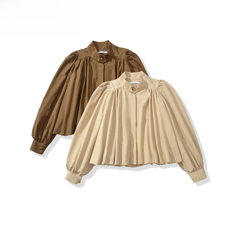 

ZBZR модный воротник-стойка, фонарь Све, плиссированный дизайн, женский топ, осеннее новое поступление, теплая верхняя одежда из полиэфирного волокна