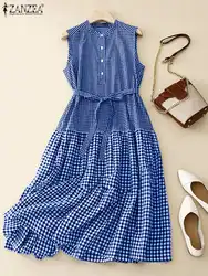 ZANZEA Women Summer Long Dress Fashion O-Neck Sleeveless Plaid Dress Holiday Beach Belted A Line Robes Casual 2025 Midi Sundress