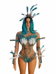 Coral Rhinestone Stunning Women Crystals Bodysuits Party Birthday Stage Performance Wear Carnival Rave Festival Drag Costume