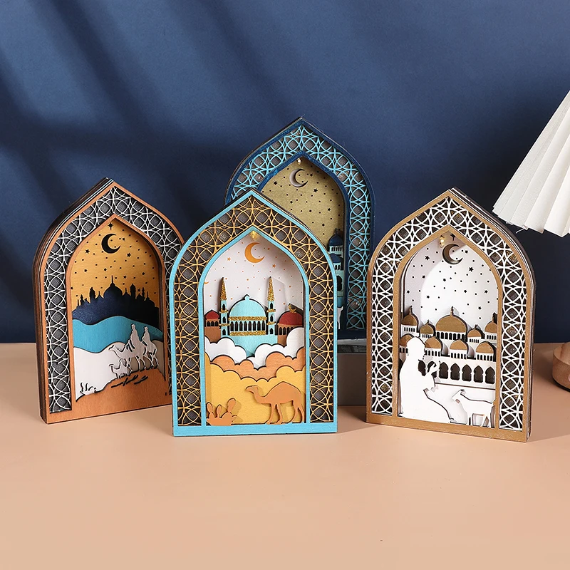 Ramadan Wooden Moon Mosque Night Light Table Ornament EID Mubarak Party Light 2025 Islam Muslim Home Decoration Eid Al Adha Gift