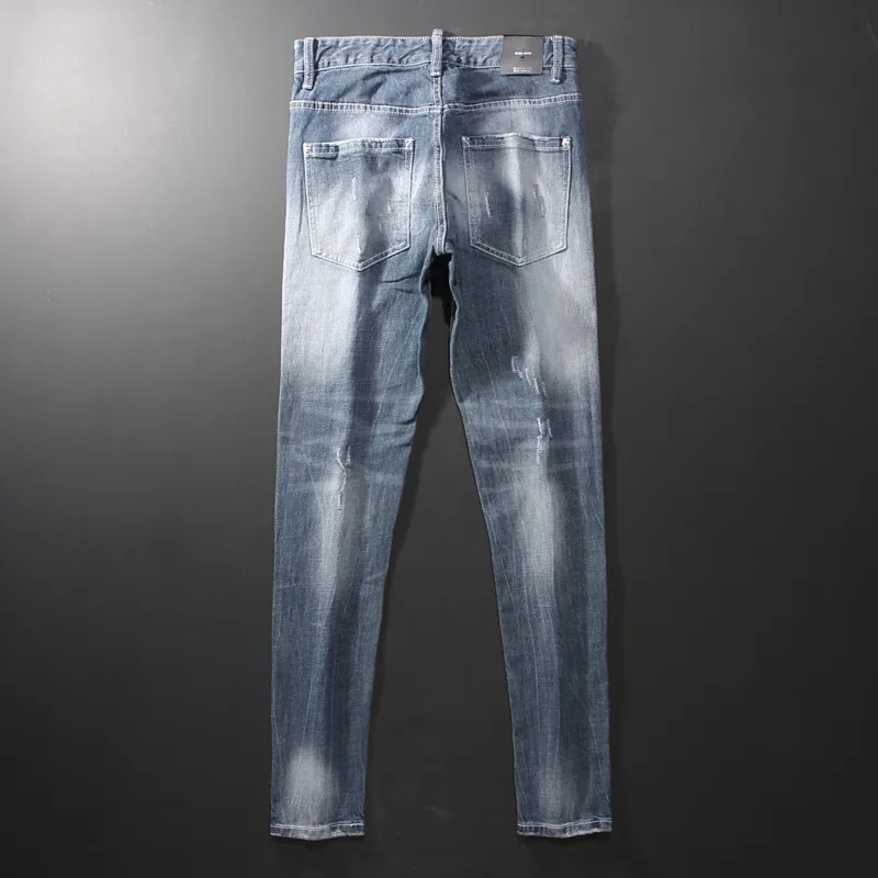 High street fashion retro blue men's jeans retro elastic tight retro jeans hip-hop brand pants Hombre