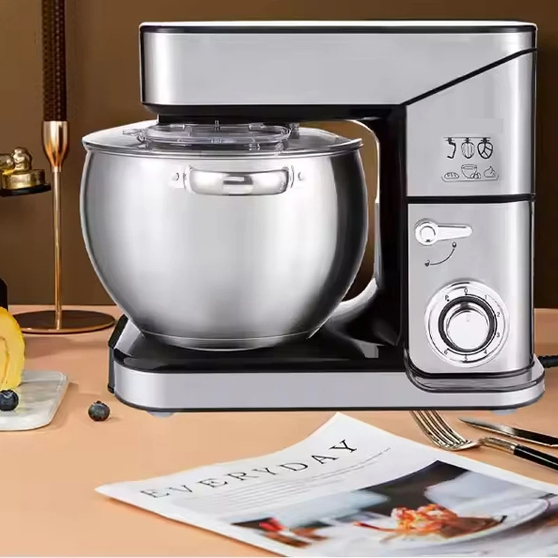 خلاط طعام كهربائي، 6 سرعات، مع وعاء من الفولاذ المقاوم للصدأ 304، خلاط عجين برأس مائل، خطاف عجين، خافق، خفق، واقي سبلاش، ملعقة #1