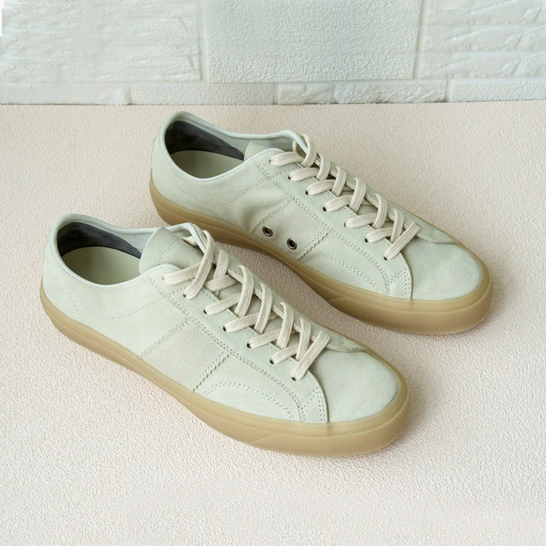 DONNAIN 2023 Beige Suede Flat Casual Couple Genuine Leather Lace Up Unisex Sneakers Men Women Handmade Shoes Rubber Sole