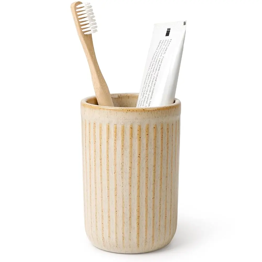 

Bathroom Toothbrush Holder - Ceramic Toothbrush Cup Holder 13Oz Khaki Toothbrush Holder for Bathroom Toothbrush and Toothpas