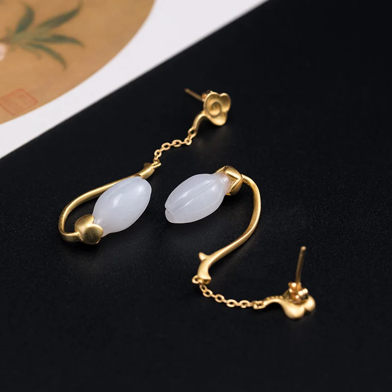 

Retro Natural White Hetian Jade Earrings, Minimalist White Lotus Gold Chain Long Stud Earrings, Exquisite S925 Silver Jewelry
