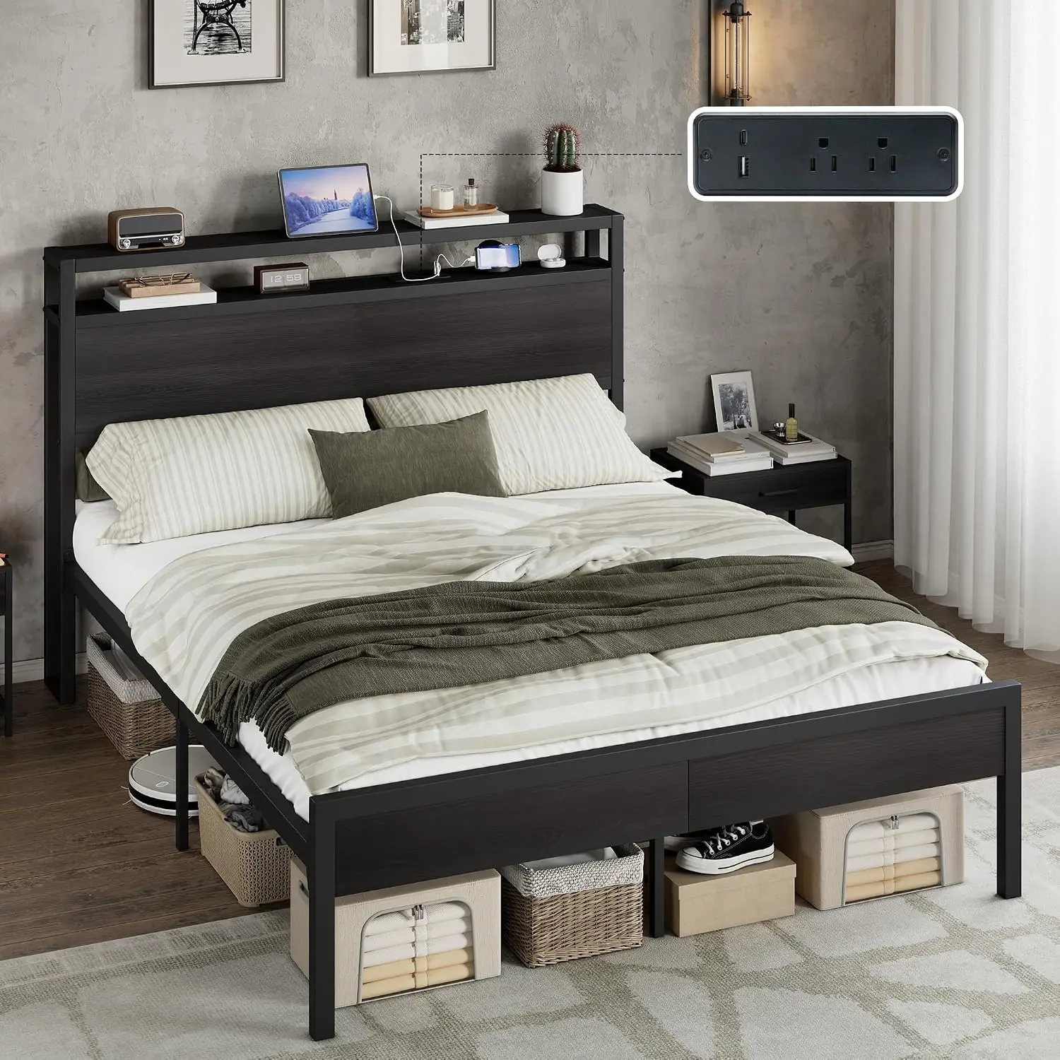 Queen Bed Frame with Charging Station & Storage Headboard, Under-Bed Storage, Heavy Duty Slats, No Box Spring, Black, Customized