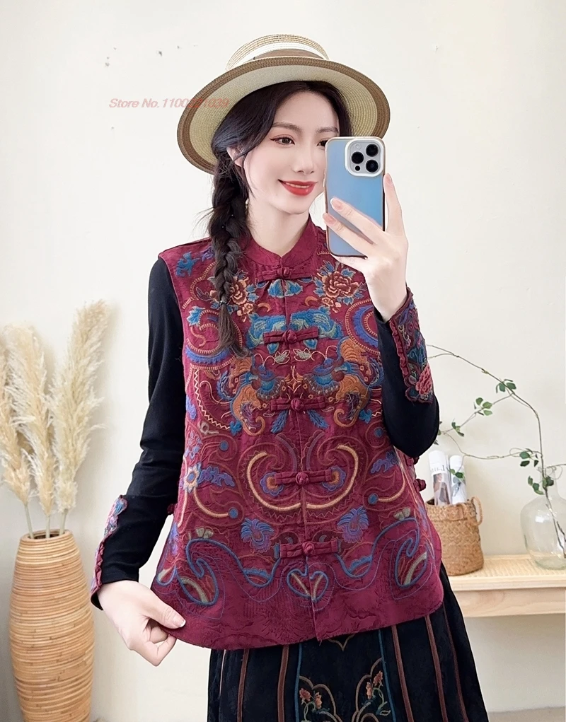 

2024 chinese vintage vest national flower embroidery jacquard vest retro hanfu tops vintage sleeveless jacket ethnic waistcoat