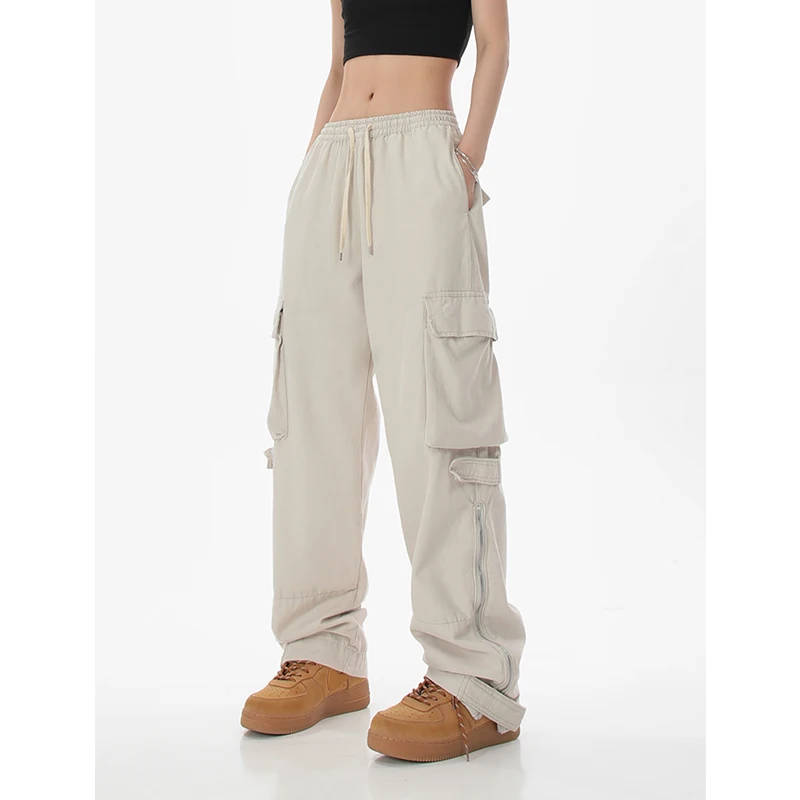 

Women Bottoms Vintage High Waist Lacing Cargo Pants Zipper Pocket Straight Pants Baggy Casual Wide Pants Trouser Ladies Summer
