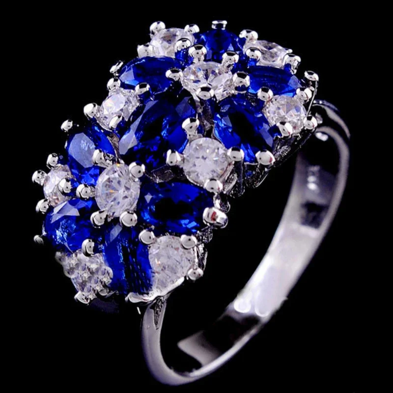 Luxury Female Pink Purple Blue Flower Ring Fashion Silver Color Engagement Ring Luxury Promise Wedding Rings For Women