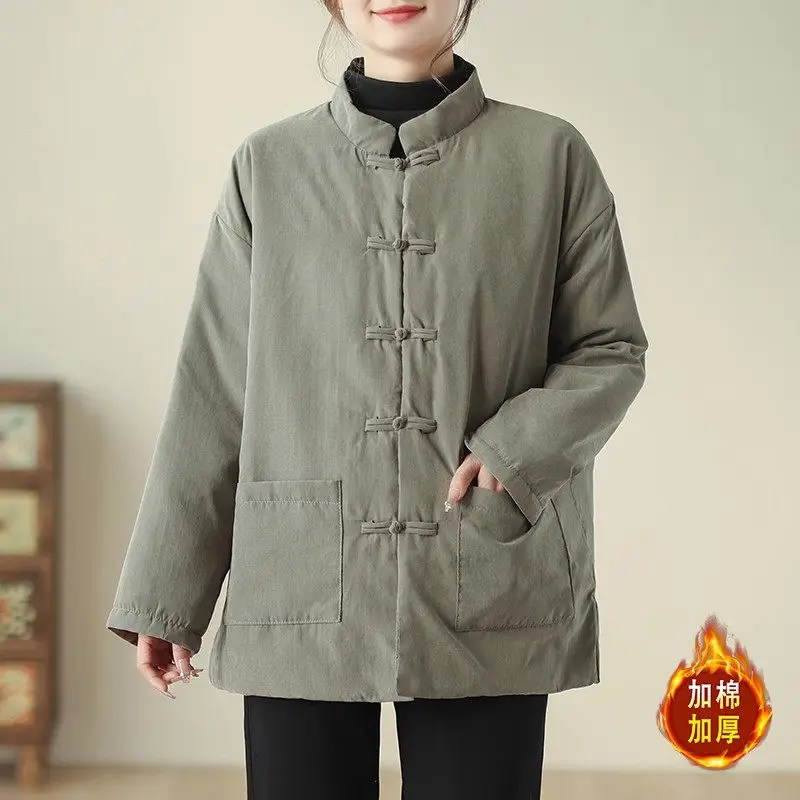 2024 Winter New Chinese Straight Cotton Jacket Simple Stand Collar Solid Color Retro Pan Button Quilted Coat Mujer Abrigos a198