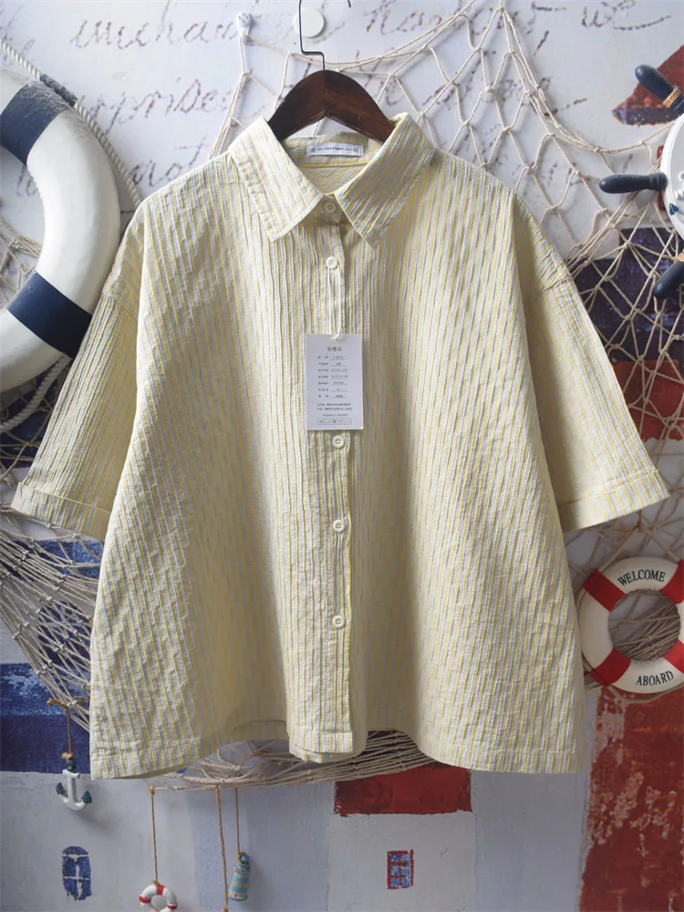 

[Ready Stock] High Quality Women 100% Cotton Yarn Blouse Shirt Vertical striped summer loose lazy ins wind pure cotton top