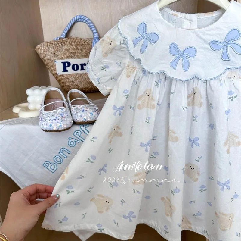 Summer 2024 Kids Clothes for Baby Girls Dress Cute Cartoon Rabbit Bow Floral Dress Sweet Party Dresses Lolita Dress 2-8y