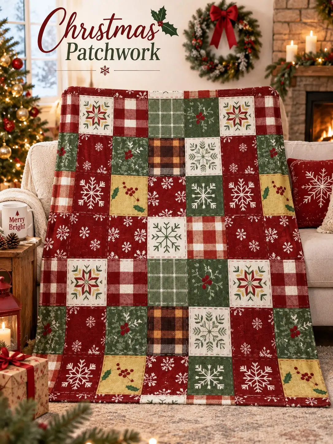 Christmas Flannel Blankets & Throws Plaid Snowflake Holly Square Motif Sofa Couch Bed Nap Blanket Living Room Bedroom Dorm Office Reading Travel Camping Picnic Cabin RV Home Decor Family Friends Holiday Gift Housewarming Birthday Anniversary Present