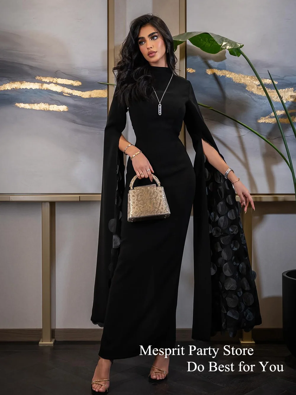 Customized Saudi Evening Dress 2025 High Neck Long Sleeve Simple Ankle Length Sheath Black Prom Dresses Formal Occasion Gown