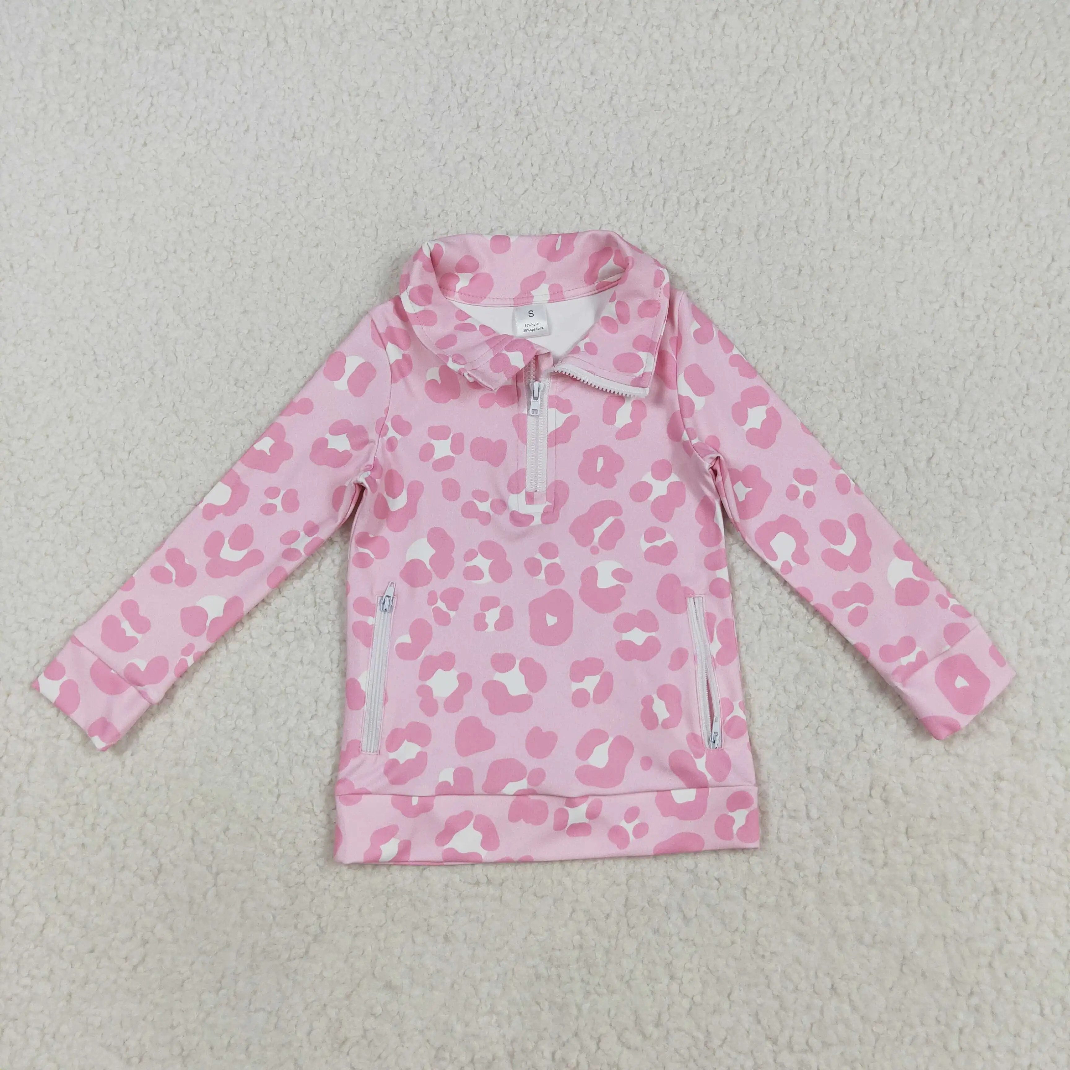 

New rts girls sports tops wholesale boutique leopard print pink yoga zipper long sleeve children's girls tops